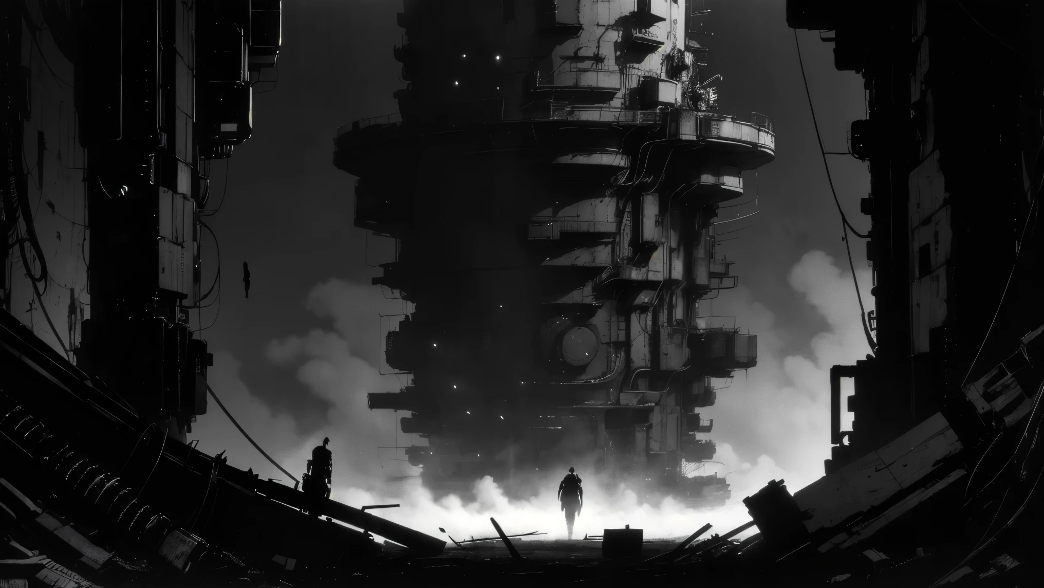 35mm lens,blame, tsutomu nihei, by tsutomu nihei,movie, A dark underground biomechanical core scene,The center is a column wrapped around vines,Structural corrosion and aging,Some cables emit a faint golden glow,Surrounded by distorted pipelines and metal ground,The left and right are alien-shaped humans with the lower body like a cocoon of bugs {x} The design style is full of biological senses and technology,Scary sci-fi atmosphere, dim light ,Feeling strong feeling,rich in details,ultra-detailed illustration, monochrome palette with red highlights, cinematic lighting, high contrast shadows, ink-style rendering