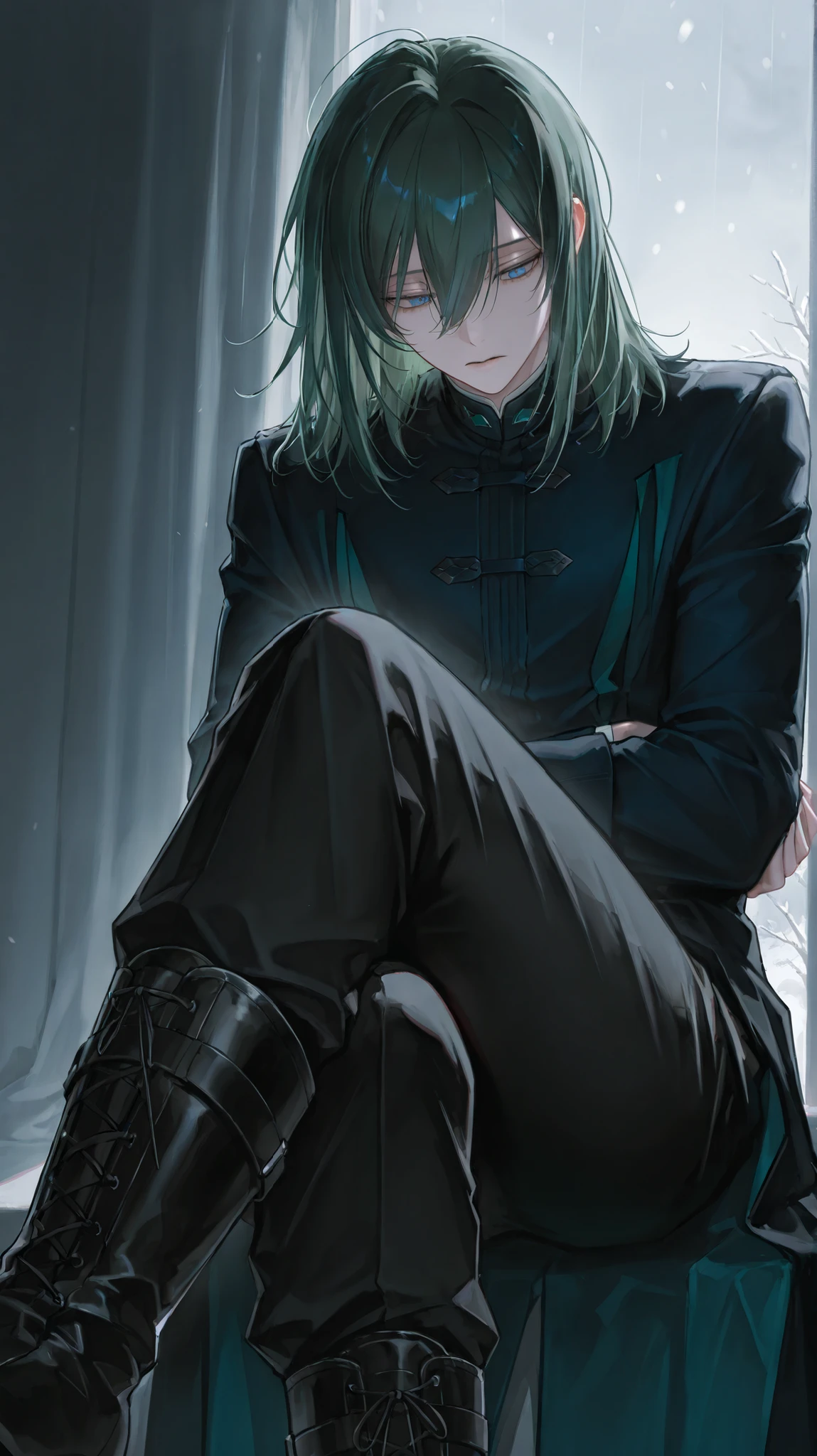One Man, Solo ,  male   , green hair , medium hair  , blue eyes , No expression  , fashionable , handsome  , Beautiful Face , detailed faces with ofisu ,Slender body , Ephemeral Atmosphere , Legs crossed , Cold-hearted , cool atmosphere , Look down , Black trousers、 boots