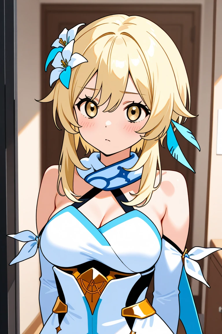 amicia michella - nijisanji, anime style, 1girl, brown short hair, yellow inner hair, wavy hair, green eyes, detailed eyes, midriff, girly face, blushed, seductive, wide hips, thick thighs, huge round ass, flat chested, (((full flat chest))), (((bulge))), full body, dynamic pose, thong, pool, absurdres, high res, ultrasharp, 8K, masterpiece, looking at viewer, CuteTraps