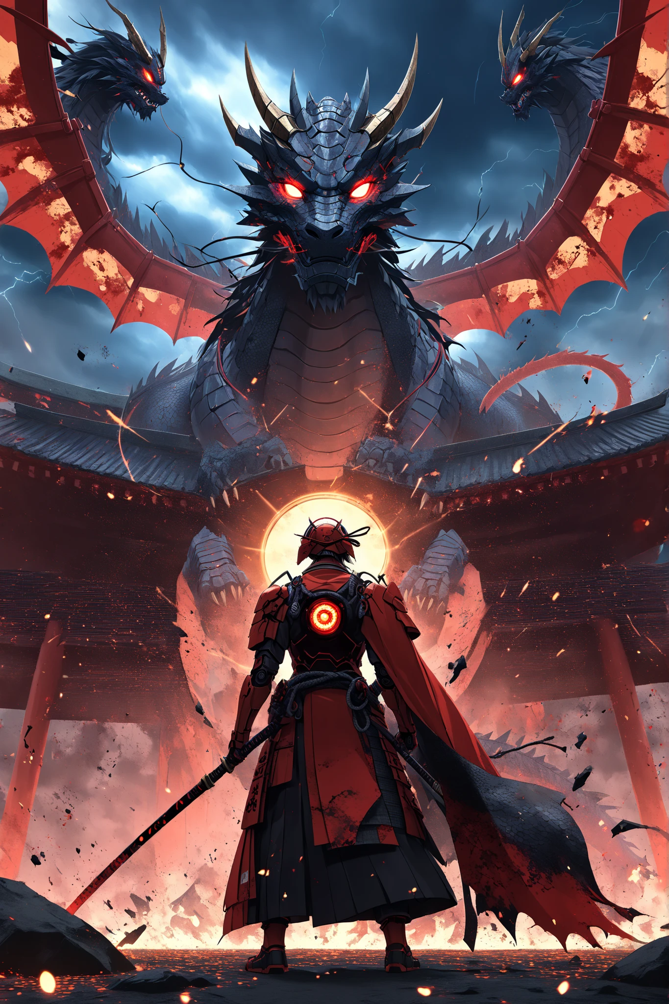 ((EXTREME QUALITY)), ((RAW Ultra 4K)), ((Masterpiece)), ((Ultra Cinematic)), ((Dark Sengoku Sci-Fi Aesthetic)), ((Iron Man Samurai)), ((Worn battle-damaged black and crimson samurai armor)), ((Ancient-Tech Fusion)), ((Glowing Arc Reactor)), ((Broken Oni Mask revealing cybernetic eye)), ((Tattered cape)), ((Standing in front of a colossal ancient Japanese dragon)), ((Dragon with glowing eyes and ethereal scales, smoke trailing from nostrils)), ((Massive wings wrapped around a ruined temple)), ((Cinematic lighting)), ((Dark stormy sky)), ((Embers and ash falling)), ((Epic scale contrast between man and beast)), ((Blood stains and soot on armor)), ((Katana held downward, tip in ground)), ((Staring up defiantly))

Sengoku Iron Samurai stands solemnly before a colossal ancient dragon, in a battlefield strewn with broken shrines and scorched earth. His armor is cracked, burned, and bloodstained — a worn samurai cloak trailing in the ash-laced wind. The dragon looms behind him, eyes glowing like twin suns, its massive wings partially enfolding a shattered temple.

The samurai holds his katana point-down into the earth, his head slightly raised to meet the gaze of the divine beast. His mask is cracked open, revealing a glowing red cyber-eye beneath. Above, lightning cuts through the storm clouds, lighting up the silent standoff between ancient fury and iron-forged vengeance.
