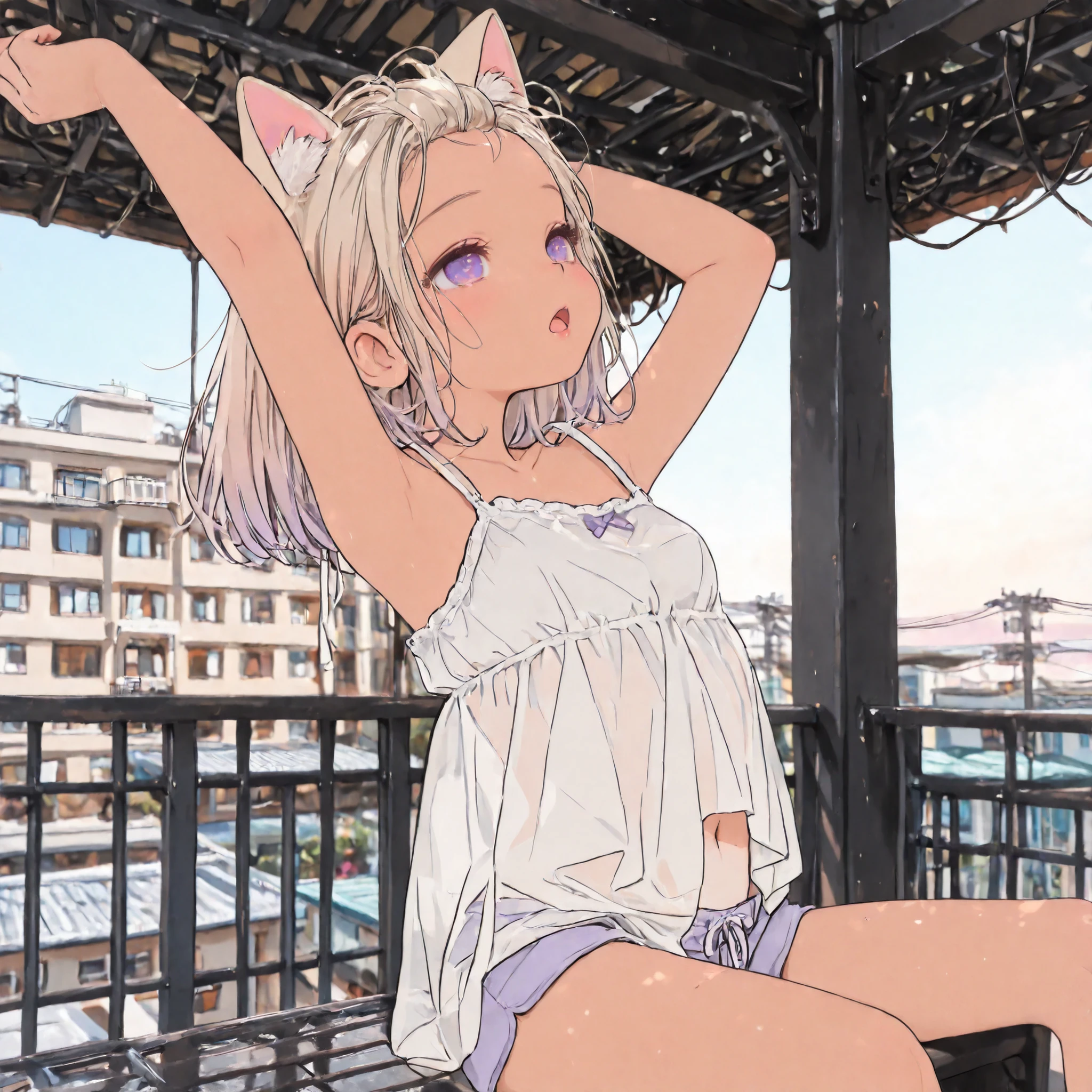 ((Masterpiece)), ((best quality, very aesthetic, absurdres, newest)), (flat color, flat shading), (from side), (8K), (cinematic lighting), ((1girl)), (cute young girl), (Healthy body, Textured skin, small breast, tilt head), (brown-skin)), (medium hair, blonde hair, gradient hair, Pastel colors Hair Tip), (bangs pinned back, cute forehead), Beautiful collarbone, ((loose white camisole, Silk Fabric camisole, strap slip left only, cute navel)), (thin white short shorts), sleepy face, tear, (yawning, open mouth wide), (Cat ears), BREAK, big eyes, (pale purple eyes, gradient eyes), (cute cheeks), (cute cheeks), glossy lips, pouty lips, lower eyelashes, ((stretch out both arms and hands, stretch arms up)), arched back, ((loose sitting against the Apartment balcony, High-rise apartment rooftop)), outdoor, outstretched legs, stained wall, cheepy apartment, utility poles, Retro gadgets, (morning),