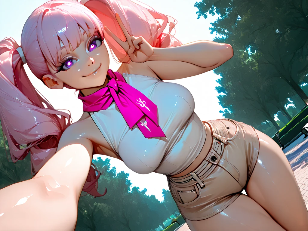 busty elf with pink hair and blue eyes, showing underboob, in a short skirt, blushing, wearing glasses --auto