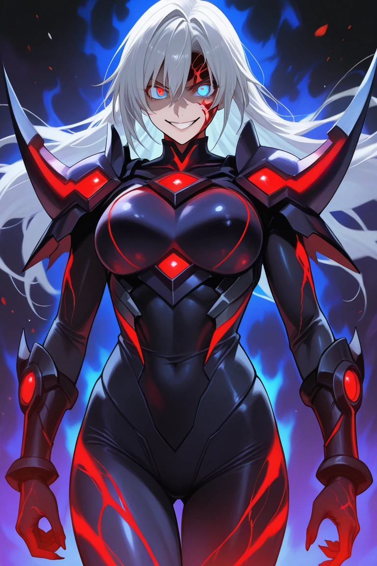 young girl, Long white hair, red-eyes, Bio-organic suit, symbiote, Carnage, smirk, Masterpiece, hiquality