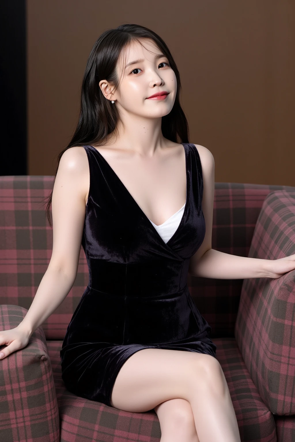 best qualtiy,tmasterpiece,超高分辨率,(realisticlying:1.4),1girll,Raised sexy,a ball head,(Showing clothes:1.5),(brassier:1.4),(big cleavage breasts:1.2),(full bodyesbian:1.4),Long legs,blacksilk,The color of the clothes is random