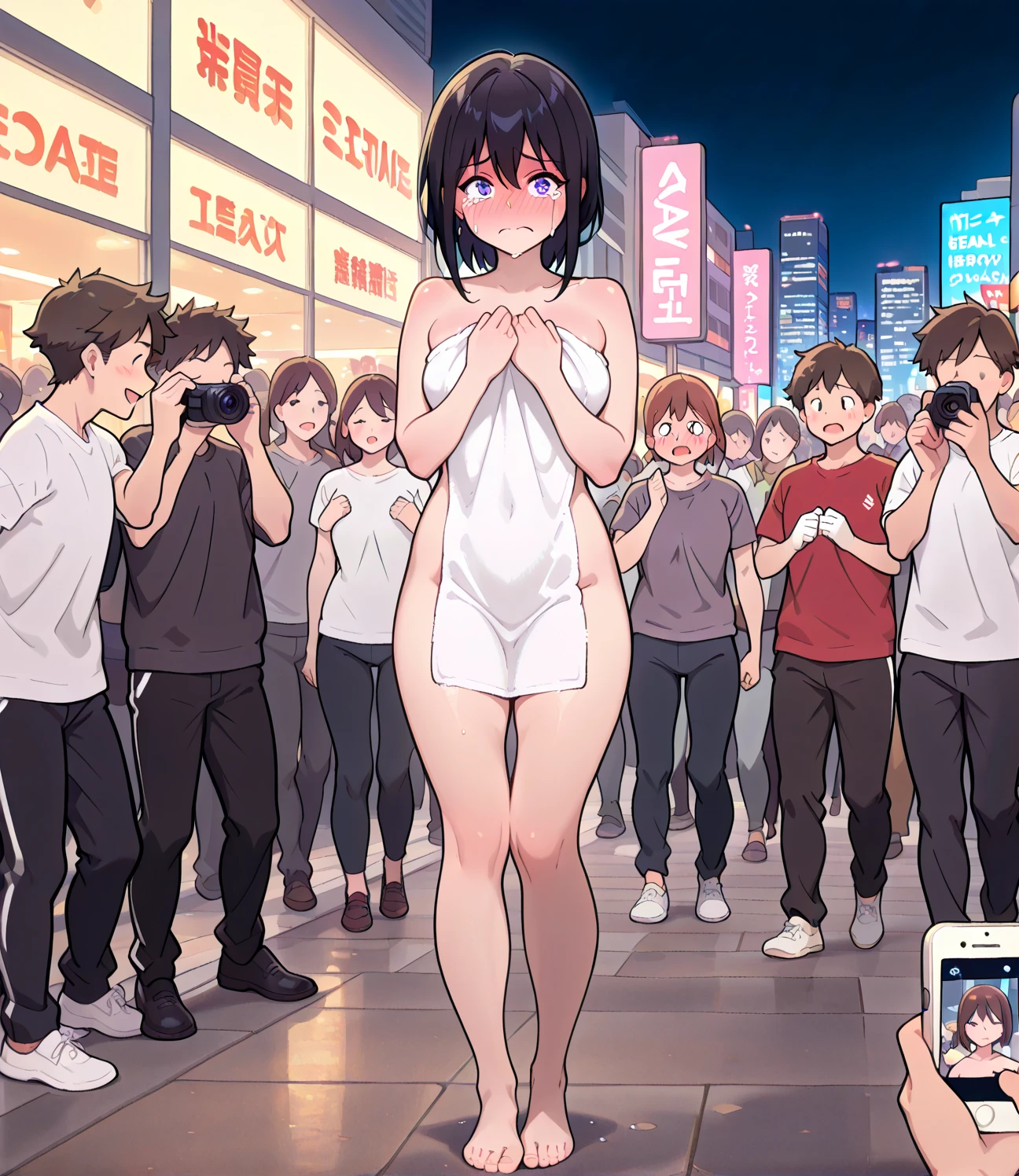 Sexy 25-year-old woman,standing outside,very crowded area,crowd in foreground,crowd taking pictures,no bra,topless,panties,knee-high socks,shoes,full body,short blue hair,shy,embarrassed,posing,arms behind head,portraits,vivid colors,warm tones,nighttime
