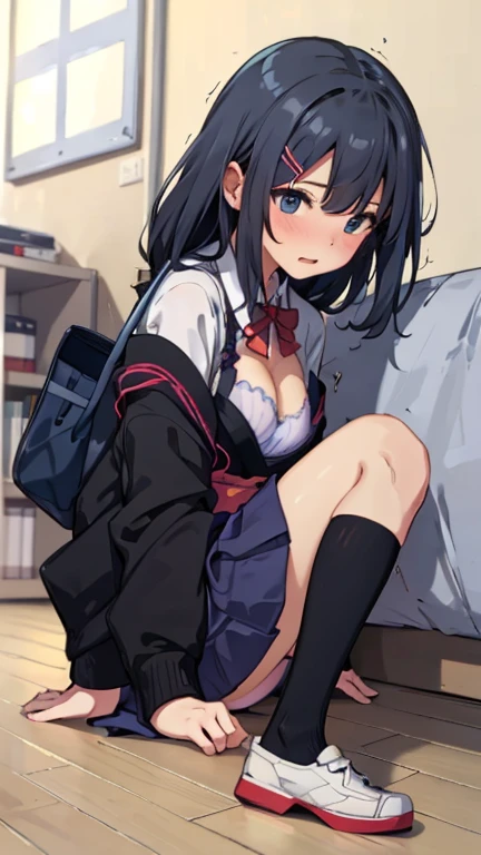 (8k、Best image quality、highest quality、masterpiece)、Detailed face、One girl、Black Hair、Long Hair、blunt bangs、Grey Eyes、evil smile、((Grin))、Small breasts、((White collared shirt))、A bow tie、((cardigan))、((striped pattern panties))、white socks、kneeling、Gym storeroom