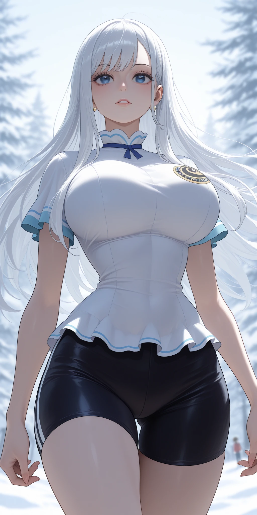 big breasts beautiful， Young woman， In the crystal and ice zone， drifting snow， ride horse， White hours， Gradient hair， White hair， white hairs， twintail hair， eyes reflection， disdain， Ray traching， reflective light， blurry， Glowing light， depth of fields， lightand shade contrast， stereograms， zoom layer， cowboy lens， f/2.8， Bokeh， tmasterpiece， best qualtiy， high qulity， k hd，White stockings