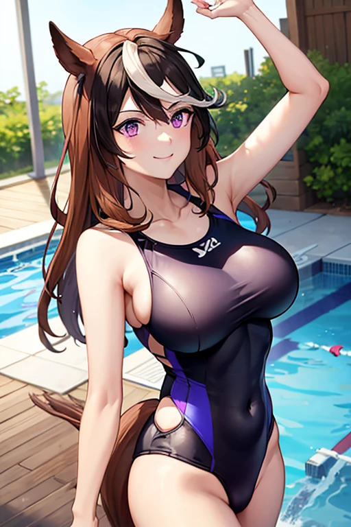 (Top quality, Masterpiece: 1.2), 1girll, Beautiful, Cute, Beautiful, Style, Sexy, elegant, Attractive, Sexy, Beautiful and Well-groomed face, Beautiful eyes, Beautiful hair, Smooth skin, Beautiful mouth, Smooth feet, Balanced body, fashionable with a change of clothes, Mizuki Yukikaze, Hair ribbon, One Pee Stun, competitive swimsuit, Black Themes,grabbing her own breasts