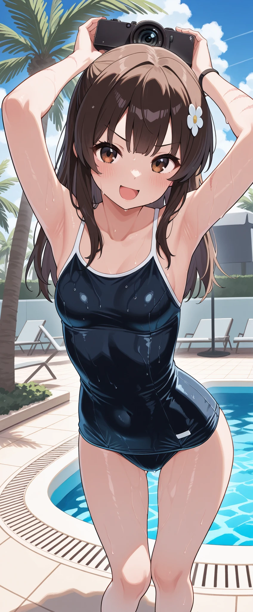 masterpiece, extra limbs, 1girl,8years old, black straight hair, tareme brown eyes, (((delighted))),(((wet))), ((white school swimsuit)),wariza,arms behind head,bath room ,high angle,pov