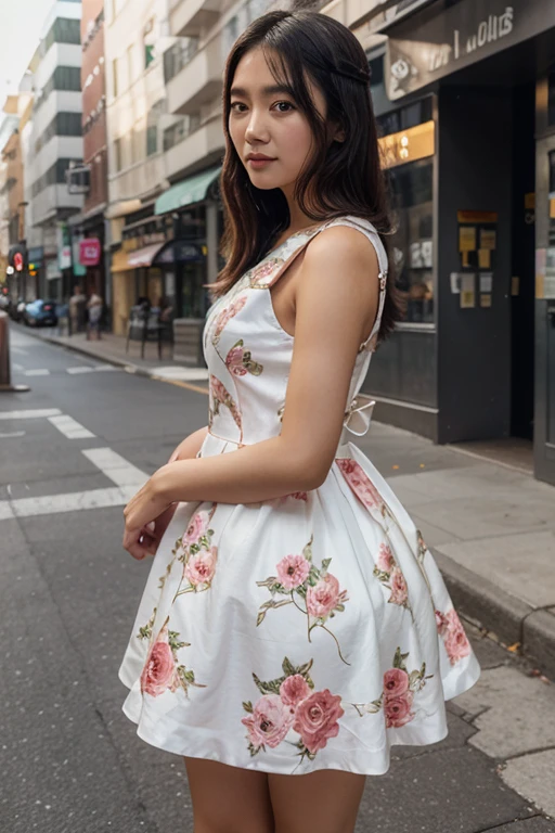 (realistic:1.3), finely detailed, quality, rembrandt lighting, (masterpiece:1.2), (photorealistic:1.2), (best quality), (detailed skin:1.3), (intricate details), dramatic, ray tracing, 1girl, french girl, 21 years old, detailed skin texture, (blush:0.5), (goosebumps:0.5), subsurface scattering, smiling, medium breasts, updo hair, bangs, hair between eyes, lace dress, full skirt, short sleeves, floral print, edgVTD, wearing edgVTD, cowboy shot, contrapposto, (bright sunny day, village, cobblestone footpath, sky), <lora:edgVintageTeaDress:1>