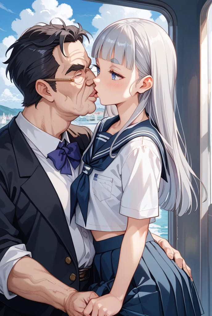 {perfect anatomy},((beautiful face:1.5)),((Pregnant: 0.8)), ((( french kiss, 1 girl, 1. Homeless Old Man, hetero,kiss, french kiss, tongue kiss:1.5))), (masterpiece, highest quality, shape, delicate details, 8K:1.3), (studio light, best shadow, picturesque, style adder), (clothed sex:1.4),((KanColle)),(table top, highest quality:1.2),
masterpiece, highest quality, High resolution, break,Bumrasa, long hair, two side up, Hair flap, hair clip, heterochromia, red eyes, brown eyes, medium breasts, cleavage, sailor bikini, black bikini, bikini skirt, white skirt,break,