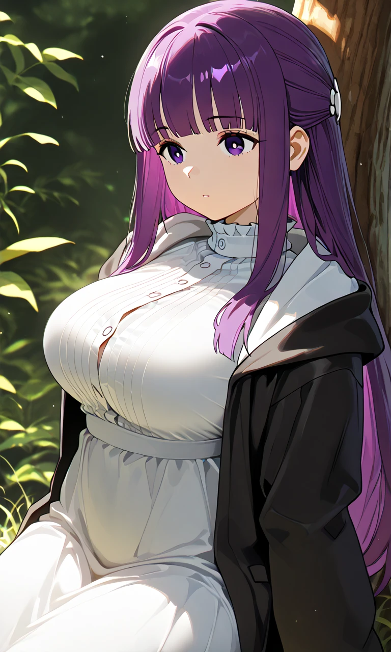 A woman with straight, knee-length light purple hair, light purple slanted eyes, White skin, Big breasts, thin waist, big hips, granary, dress, stardew valley style