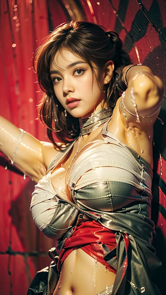 burgundy hair, brown skin, intricate laced lingerie, detailed gorgeous face, beautiful mature aboriginal girl, long braided burgundy hair, large_breast, toned stomach, ample hips, mesmerizing accentuated detailed big booty, showing midriff, (photorealistic, photorealism), (8k, RAW photo, highest quality, masterpiece, ultra-high resolution, physically-based rendering), 