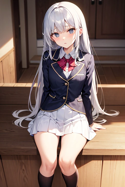 very cute and beautiful girl,(Very detailed美しい顔), (smile),blush,Black Hair,Seraphim,(White Hair、long hair),(White Shirt、Pleated navy blue pread your legs、Squat)、Sitting、(From below)、(Lace panties), Country road, (Highest quality,masterpiece:1.0),Absurd,High resolution,Super detailed,Very detailed,32K,8k resolution, Intricate details,Movie Scenes,Detailed Background,alone,Dynamic Angle,