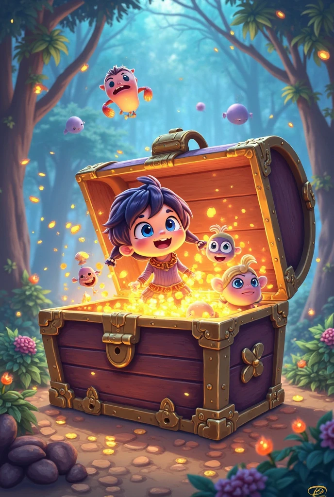 A treasure chest mimic opens its toothy maw and chases after a cute halfling thief woman,(adventuring outfit) dungeon, high fantasy