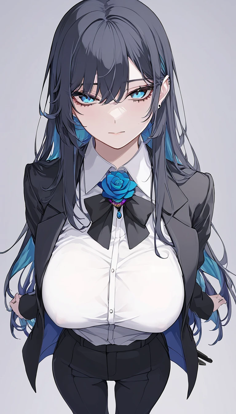 (masterpiece), (best quality), (ultra detailed),(dishevelled hair),(illustration), long hair (straight hair) very straight hair, standing, Fashion model (gothic dark school outfit, sexy(with square neckline)), looking at viewer, (interview), (casual school background),beautiful blue eyes, delicate beautiful face, ,(high saturation),(colorful splashes),(shining),navy blue hair (dark blue hair navy) (shining), bangs, best lighting, best shadow. smiling. medium breast. neat hairstyle down. shy personality