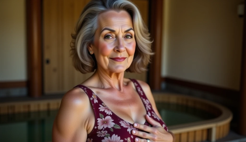 woman in a short skirt is in a house in the kitchen, leaning on the table, sticking her ass out, attractive woman in her 60s, short skirt, curvy, hot, voluminous body, cleavage, big breasts, approximately 60 years old, older elderly woman , front image, looking for camera, posing, stunning, natural mature woman, medium size, natural six-pack