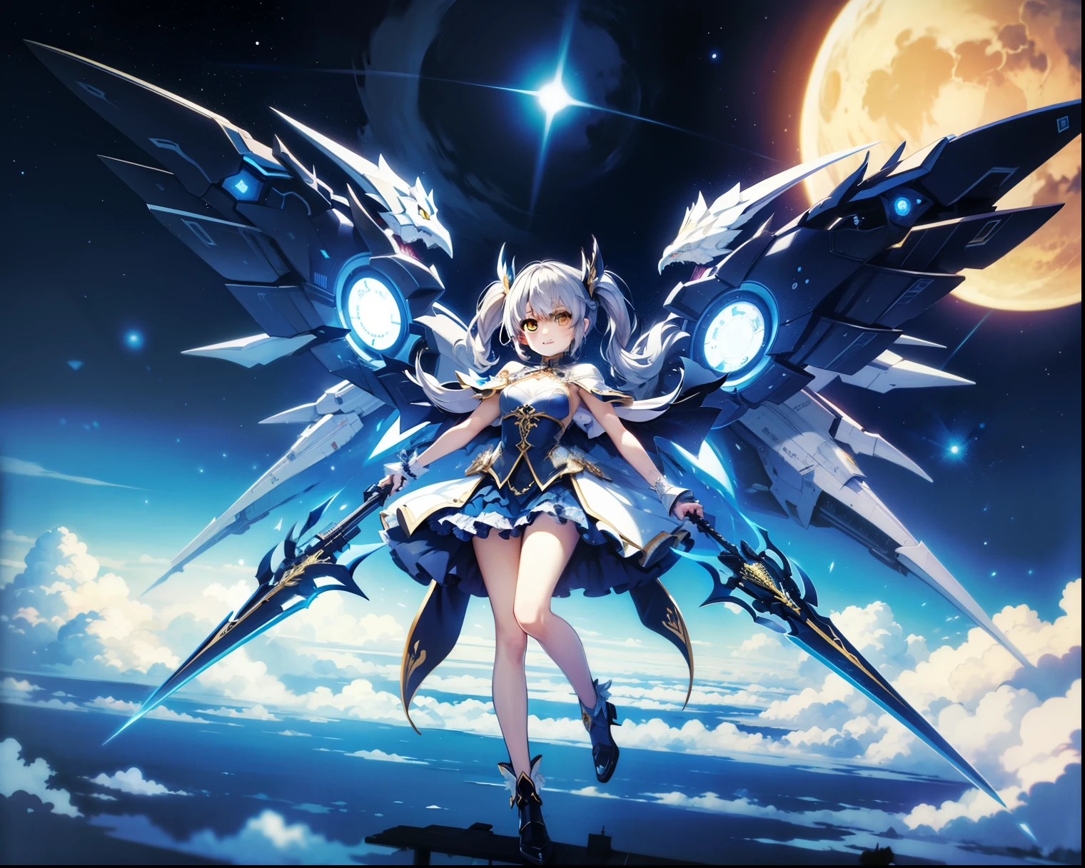 Full Body A broad perspective High Sky、Exercise magic、Giant Blue Magic Circle are flying above the clouds one girl young gentle smile、Sleepy eyes、yellow eyes、Long twin-tail hair that shines blue a gothic ta suit with lots of frills Silver Knight Armor on Arms, Legs, and Chest、6 big wings on the back、with lots of decorations and a huge black sword、Night Sky、A giant spaceship in the back、a spaceship with a streamlined shape、a spaceship with blue and gold armor、a huge yellow magic circle behind the ship