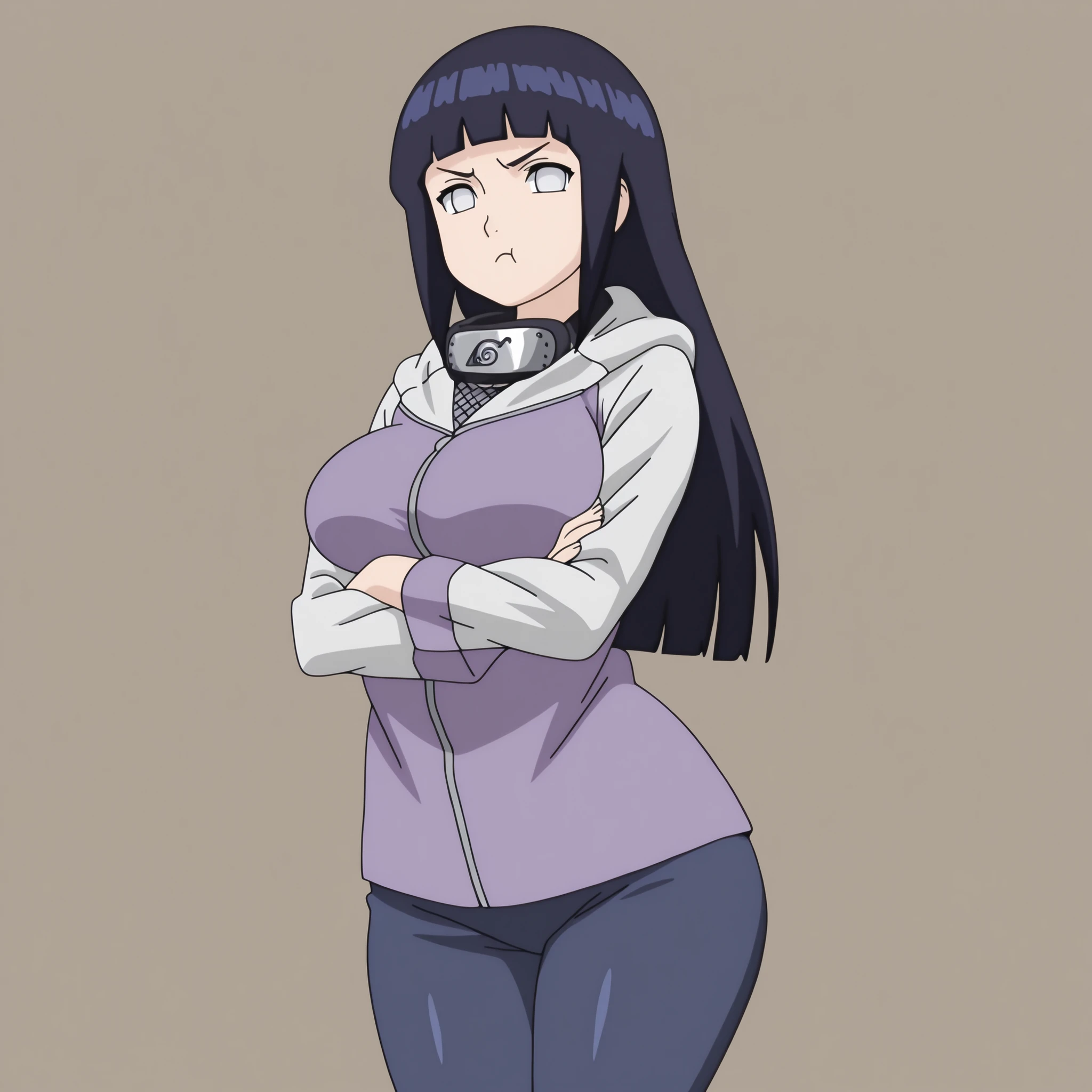 masterpiece, best quality, amazing quality, very aesthetic, absurdres, high res, shiny skin, 1girl, solo, Hinata Hyuga, long blue hair, blunt bangs, hime cut, byakugan, white eyes, no pupils, big breasts, narrow waist, wide hips, thighs, purple and white hooded jacket, fishnet top, forehead protector around neck, blue pants, angry, pout, cute, crossed arms, standing, looking at viewer, simple background, from the front view