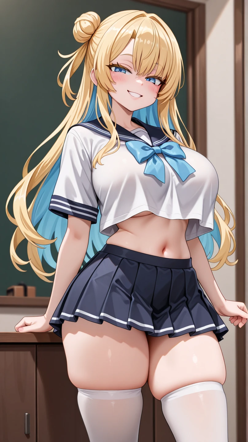top-quality、realistic touch,high-detail、photoRealstic、thin-waist、captive beauty、big eye、solid platinum-blonde eyelashes、platinum-blonde、full body Esbian、Sparkling eyes、Submissive smile、Flushed cheeks、Kamimei、thin-waist、Voluptuous thighs、Enraptured look、In the classroom of the school、Navel look、She is in estrus、a sailor suit、cocky expression、Colossal tits、Super short skirt with V-line visible、Camera angle from below、Big breasts visible between uniform and stomach、Sleeveless、Squat with open legs、