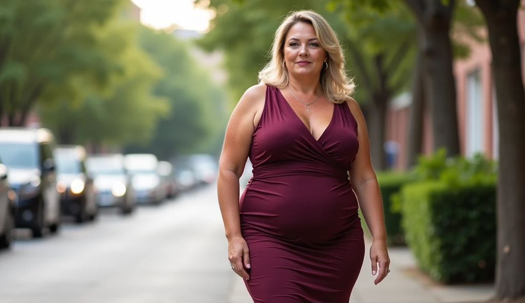 there is a woman in a dress standing on the sidewalk, plus size woman, 60 year old woman, mature woman, seductive plus size model, curvy model, fit Derriere, curvy accentuated booty, curvy figure, beautiful curvy female, pose for photo, curvy hourglass figure, curvy, voluptuous figure, very short skin-tight dress, no belly, worked abdomen, sensual natural woman, sexy cleavage, voluptuous hips like Jennifer Lopes, beautiful curves, large behind. very short dress
