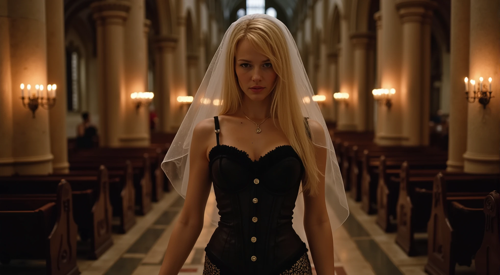 Gothic cathedral portrait: French goth in lace veil and leather corset, standing in Chartres labyrinth. Sony A7RV with 14mm f/1.8, HDR blend. Candles illuminate face while maintaining shadow detail in vaulted ceilings.