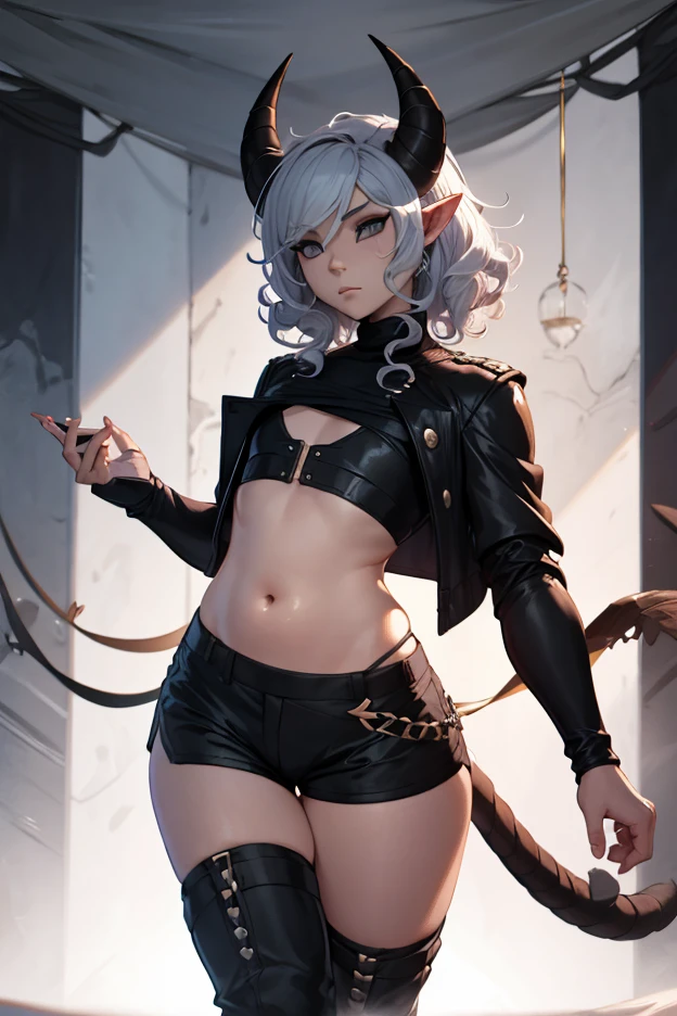 (Score_9, score_8_up, score_7_up, score_6_up), (adult, seductive face, happy expression), pinup pose, close up, elf, platinum blonde hair, long sideswept hair, bangs, big breasts, blow kiss, plump, hourglass figure, violet eyes, tan skin, sunglasses, pink lips, full lips, eyeliner, fluffy jacket, fur trim, black ring bikini top, black leather shorts, gold chain choker, thong, leather gloves, gold bracelet, Nyantcha Style, source_anime,