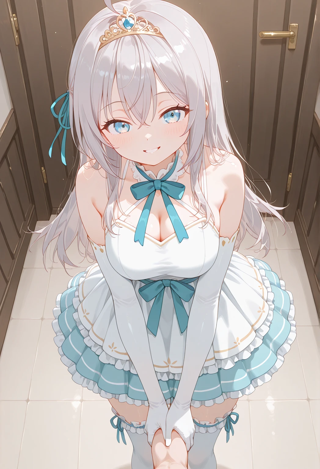 (POV) 32k , (best quality), (ultra-detailed), high quality, very_high_resolution, large_filesize, full color,(solo focus:1.0) ,dynamic angle,detailed eyes, (extremely detailed eyes and face), wallpaper, beautiful detailed glow, [nsfw:1.0], (solo focus:1.5) ,(muscular female:0.8) ,(thick thighs:1.3) ,anime visual, sexy, (perfect anatomy:1.4),high quality, very_high_resolution, ultra-detailed, large_filesize , detailed, 8k, 4k, highres,symmetric,exceptional, best aesthetic, , extremely detailed, anime, detailed beautiful face and eyes, extremely detailed body, extremely detailed hair,perfect hands,ponytail hairstyle, (cowboy shot:1.0),(1girl:1.5), (((((naked white apron, wear half an apron))))), nipples sticking out under the apron, (contrapposto:1.3) , (long hair:1.2),(choker:1.2), looking down at viewer, swept bangs, (blush,smile:1.2), (squinting eyes:1.0) ,face focus , kawaii, (shadowlighting,hdr), lens flare,1girl kei karuizawa