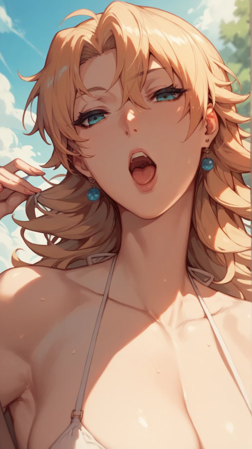 nsfw, (best quality, masterpiece), 1girl, paw pose, smile, laughing, ocean, topless, shorts, blonde, freckles, blush, looking at viewer, wavy hair, cloud, splashing, waves, sun, mountain, wet, puffy nipples