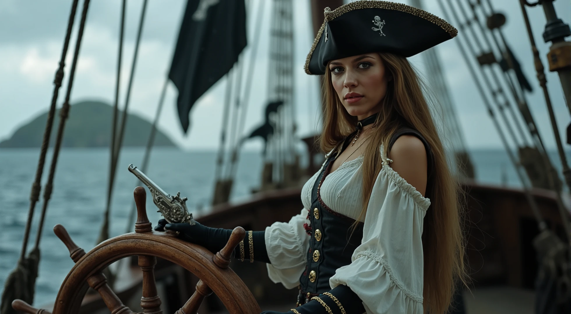 A strikingly beautiful female pirate captain commands her massive ship, her hand firmly gripping the large wooden pirate rudder. Her long, wavy hair flows freely beneath a worn but ornate tricorn hat adorned with silver accents. Her piercing eyes, sharp and focused, gaze directly at the camera with a mix of seriousness and subtle seduction, as though she’s plotting her next daring move. Her attire strikes a balance between ruggedness and allure: a fitted leather corset over a loose, billowy white shirt, with tight black trousers tucked into high, weathered boots. A polished pirate cutlass hangs from her hip, its intricate hilt wrapped in dark leather, gleaming in the dim light. In her other hand, she holds a flintlock pistol—its barrel ornately engraved with gold detailing, emphasizing her status as a seasoned and formidable captain. The ship, with black flags billowing in the wind, leaves behind a mist-shrouded island, heading towards the dark, foreboding ocean. The scene crackles with tense energy—the waves crash against the hull, but the pirate’s calm, confident stance and the hopeful glint in her eyes suggest that she’s destined for success in her next great endeavor.