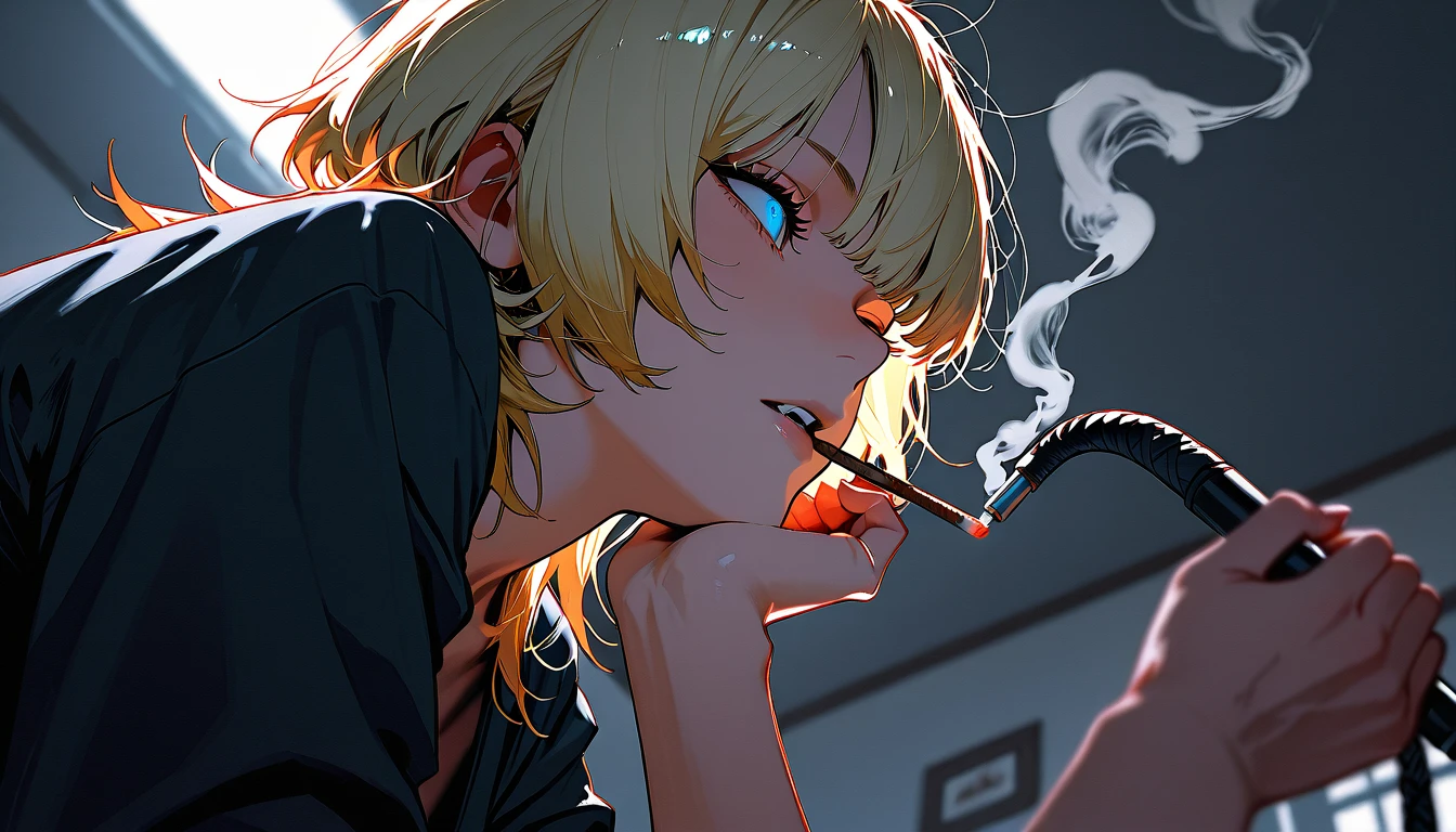 droopy eyes, tobacco, ((Hands on chin ))、smoking, smoke, Blonde, Blue Eyes, ((staring at me))、((wolf cut)), loose fit, 24 year old, whip, messy hair, Details、hanging eyes , Triple Eye,, masterpiece, Ultra high resolution, anatomically accurate, Super Detailed, High Details, high quality, 最high quality, masterpiece, large trainer performing high kicks, from below,