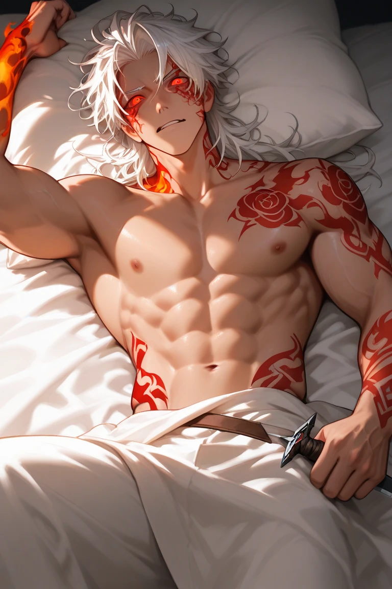 absurdres, highres, ultra detailed, HDR, master piece, best quality, extremely detailed face, delicated features, Gojou Satoru, untamed spiky hair, white hair, long hair, expressive blue eyes, white eyelashes, Jujutsu Kaisen, solo, sexy man lying on a bed, handsome, toned chest, white haori, blue fantasy robes, black pants, room, bed, magical, blue spider lilies, blue lanterns, blue floating round lights, Chinese ambiance