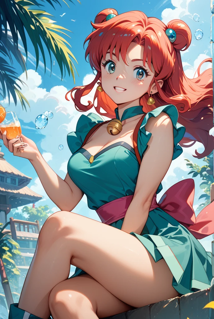(Super detailed,ultra high resolution,Detailed background),((two-dimensional)),((flat color)),((rich and colorful)),((floating rich and colorful water)),1 girl,alone,looking at the audience,rest,Off the shoulder dress,cleavage,Smile