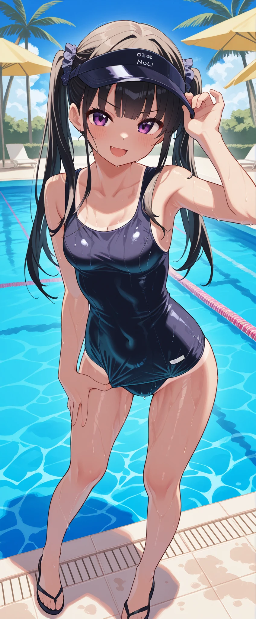 (masterpiece、Highest quality、In 8K、High resolution:1.2)、alone、One Girl、 Takina Inoue、Feeling embarrassed、blush、Purple Eyes、Look at the viewers、whole body、Transparent competitive swimsuit、Transparent racing swimsuit、Glossy body、Wet body、Daytime、Poolside、Low - Angle