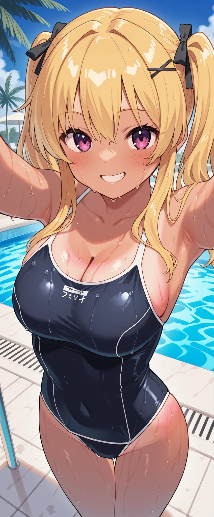 {{{masterpiece}}}, {{{highest quality}}}, {{super detailed}}, {figure},(highest quality:1.3), One blonde hair girl with ponytail paizuri, throw, 1 boy, penis between breasts, breasts squeeze together, wet penis, one-piece swimsuit, poolside, sweaty, big breasts, moving line, naughty smile, belly button, play sports often,Secretion of milk,milk,get wet,full of sweat,
