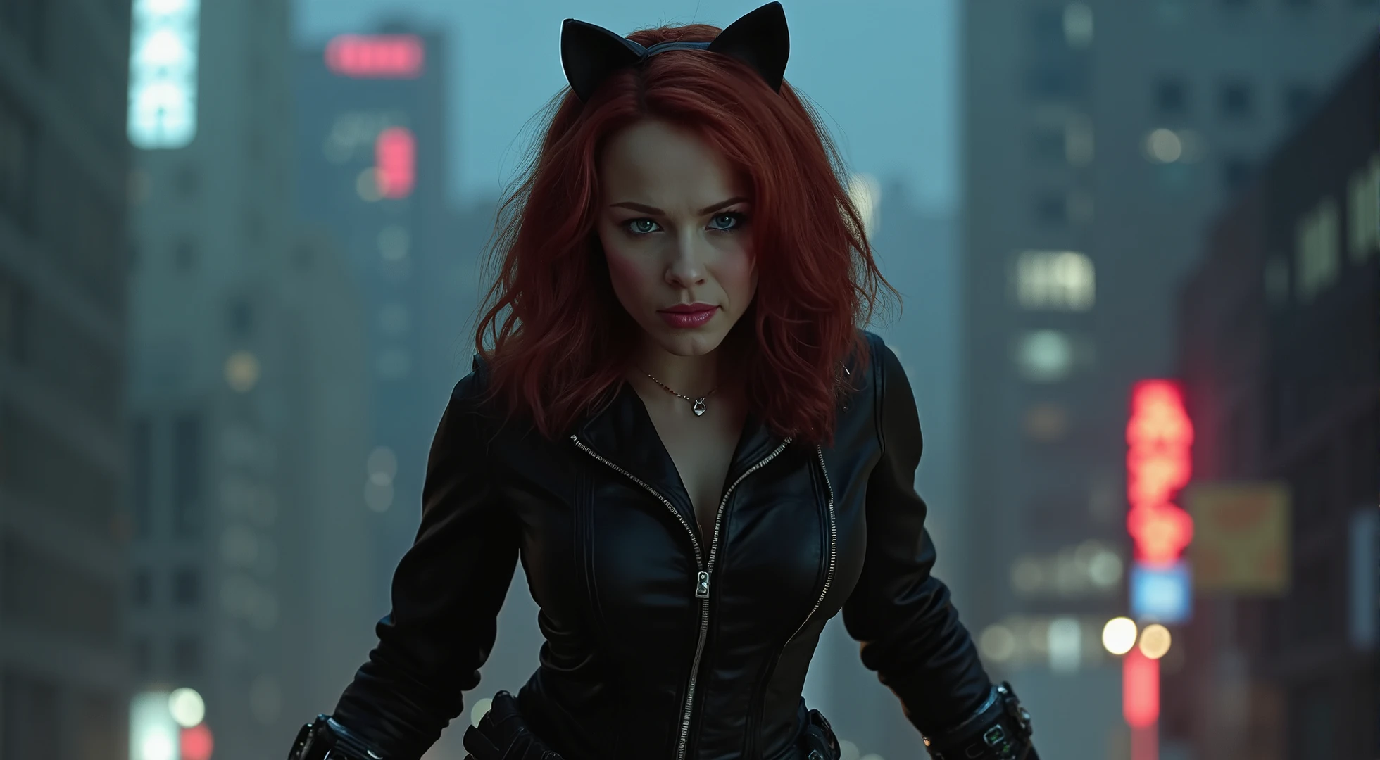 Create a realistic and epic image of a fusion between Black Widow and Catwoman. The character should have:
Face: Combine Black Widow's intense and cunning expression with Catwoman's enigmatic and seductive demeanor, (((creating a face that exudes confidence, mystery, and determination))). Add a piercing gaze and slightly curved lips, highlighting the mix of intelligence and charm.
Hair: Blend Black Widow's wavy red hair with Catwoman's sleek and elegant style, resulting in a hairstyle that is both practical and stylish, with a dark color infused with reddish tones.
Outfit: Design an outfit that combines Black Widow's tactical black uniform with Catwoman's tight leather suit. The design should include details like belts with gadgets, retractable claws, and a touch of red in accessories such as gloves or boots, reflecting the balance between feline agility and combat prowess.
Accessories: Include iconic (((elements like Catwoman's night vision goggles mixed with Black Widow's shock bracelets.))) The suit could feature a utility belt containing both Black Widow's weapons and Catwoman's burglary tools.
Setting and Pose: Position the character in a nighttime urban environment, such as the rooftops of a city lit by neon lights or in a shadowy alley. The pose should be agile and stealthy, perhaps mid-leap or in a combat stance, showcasing her ability to move with precision and speed.
Style: Maintain a realistic style that captures the blend of strength and agility, with a design reflecting both Black Widow's espionage skills and Catwoman's thieving dexterity, creating a figure that is both lethal and seductive.
