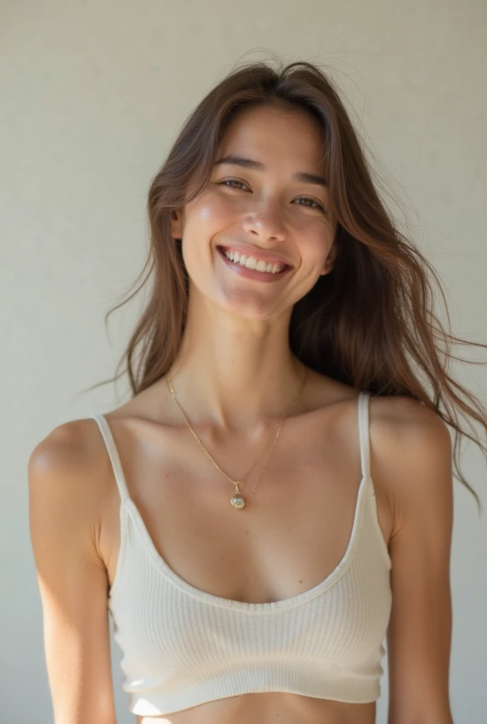 Create an image of a beautiful girl wearing a low-cut top with a large bust area, holding a basket of eggs in her hands, she is looking straight at the camera and smiling.