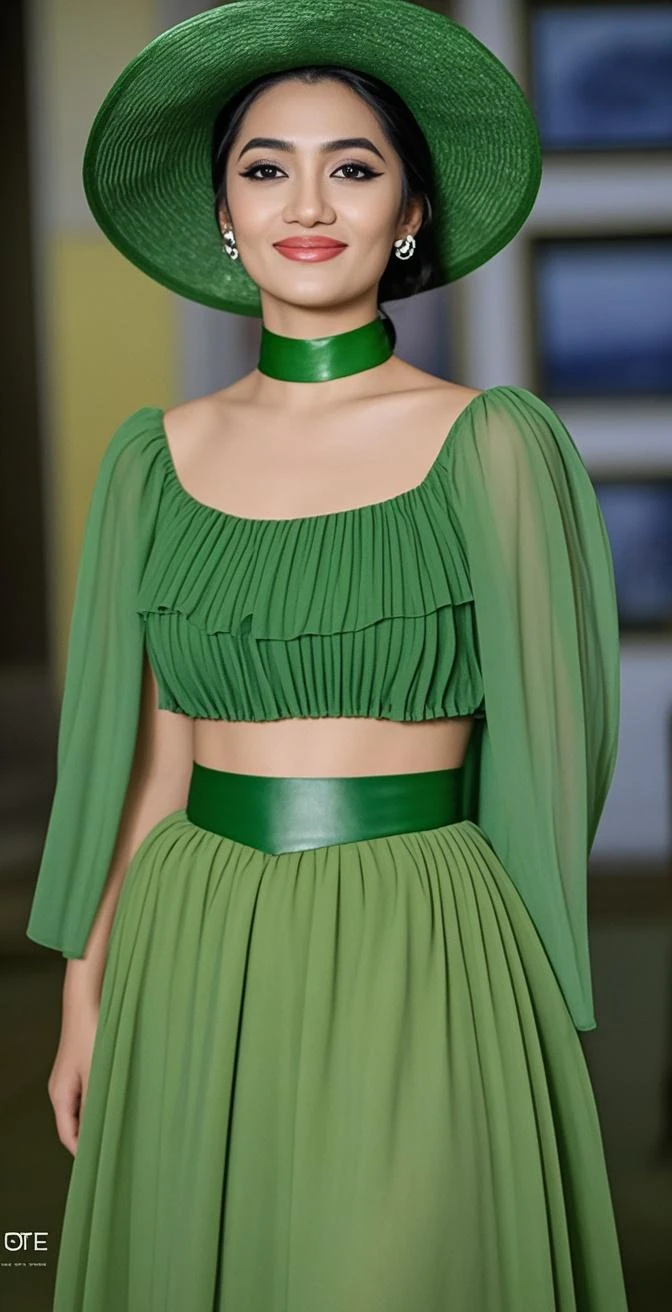 (Best quality, 8k, 32k, Masterpiece, UHD:1.2),Photo of Pretty Japanese woman, 1girl, (medium-short dark brown hair), double eyelid, fashion model,1.77meters, beautiful , contemporary cut,unique maxi very wet light green dress with slit, off-shoulder, gold belt, choker, stand tall, runway, huge stage, Paris Collection, nsfw, , see through,,,see-through_blouses,breast_pasty,(Medium shot:1.4)