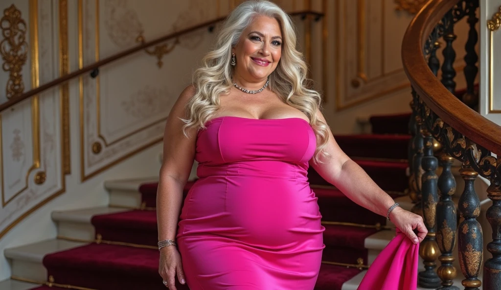 Fat woman, 40 years old white Caucasian woman, big hips, trick thighs, busty cleavage, fancy dressed for a party, dress, necklace, earrings, public bathroom, MILF, long straight blonde hair, elegant hair, make-up, lipstick, serious, chubby, bbw