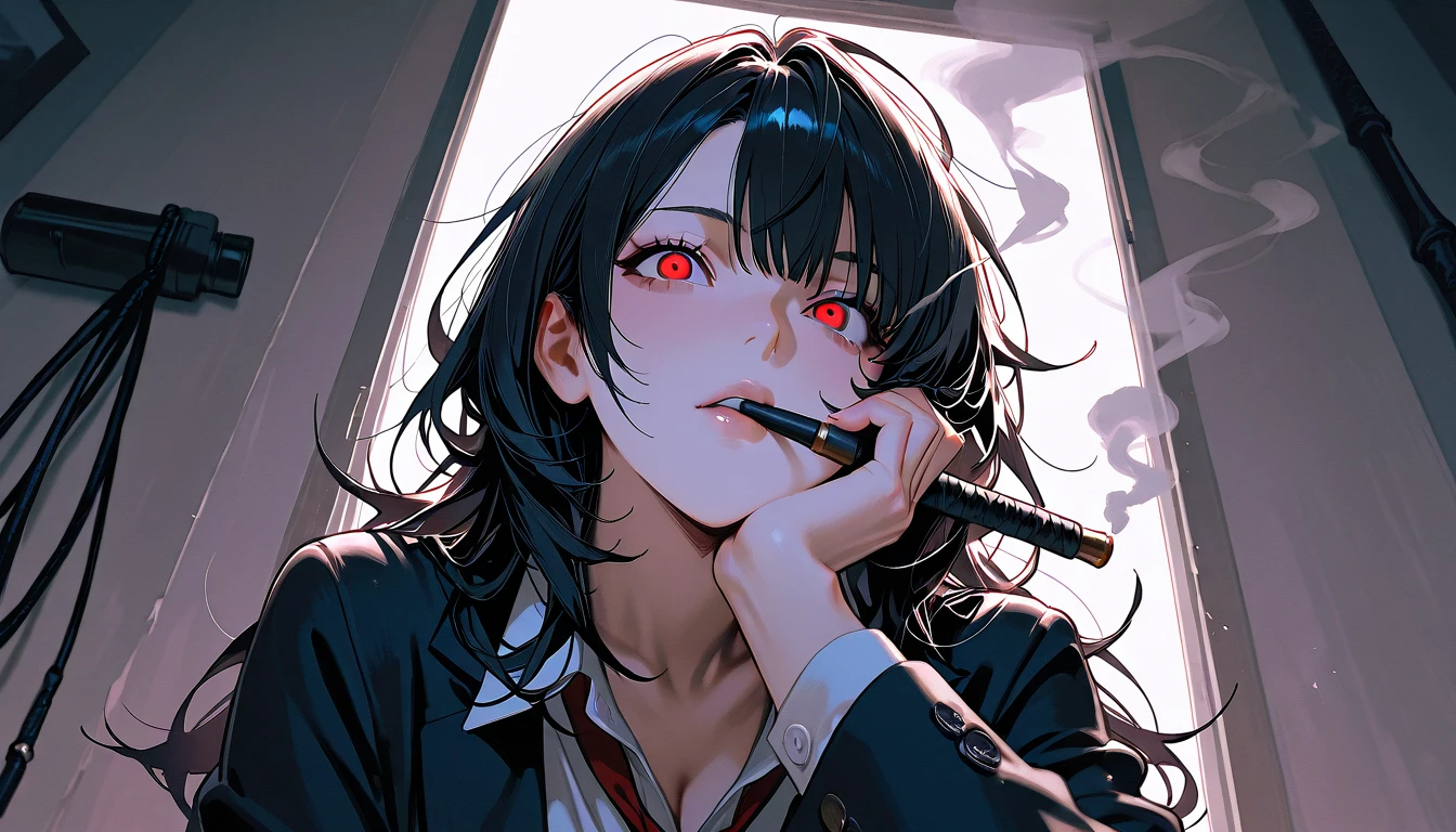 droopy eyes, tobacco, ((I have one hand on my chin))、((looking at camera))、pale tone、smoking, smoke, dark haired, ((staring at me))、loose fit, 24 year old, whip, messy hair, Details、hanging eyes , Triple Eye,, masterpiece, Ultra high resolution, anatomically accurate, Super Detailed, High Details, high quality, 最high quality, masterpiece, large trainer performing high kicks, from below,