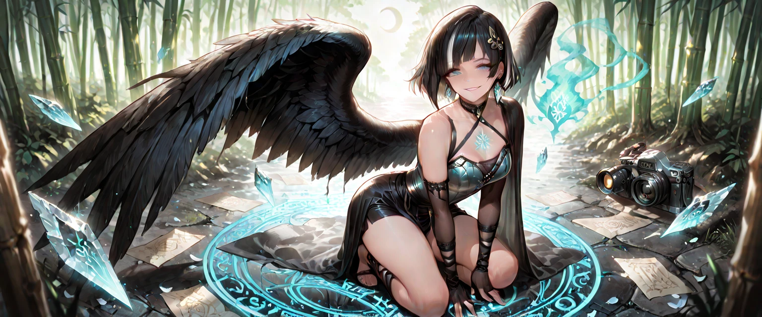 A beautiful and seductive eagle banshee that spreads its wings and flies through the forest, surrounded by woods and thorny bushes. Magical creatures, game illustration style - OpenNiji-V2 --s2