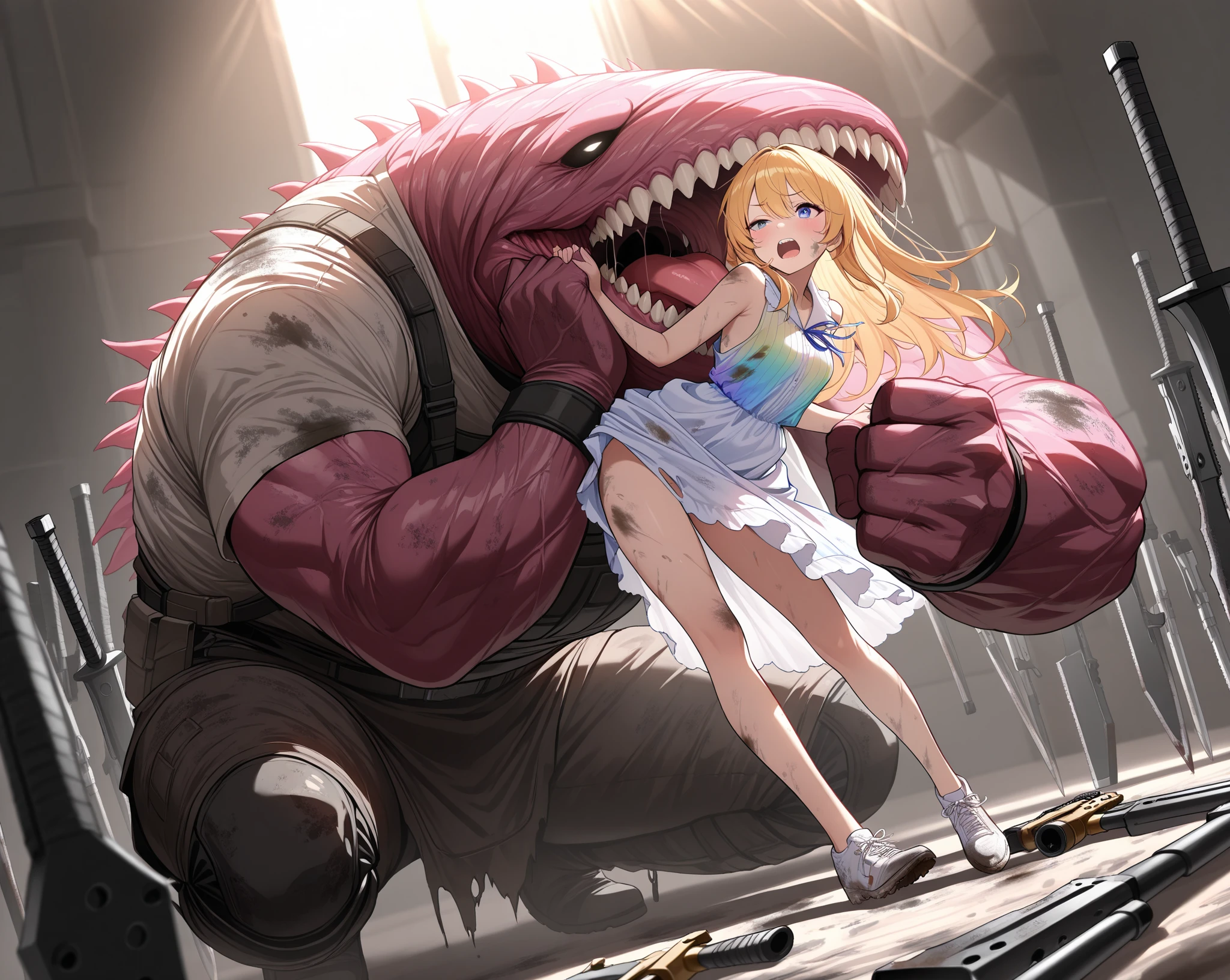 detailed illustration (side view),dynamic angle, ultra-detailed, illustration, clean line art, shading, anime, detailed eyes, detailed face, beautiful face, dramatic lighting, detailed illustration, dynamic angle, ultra-detailed, illustration, sensual face, gorgeous face, tired look on face, annoyed look on face, in front of a rundown building, dead kaiju monster on ground in background,

Magic Girl, woman in her late 30’s, milf, milf in a magic girl costume, pastel pink dress, thick, plump, blue eyes, blonde hair, pear shaped body, big ass, perky but somewhat sagging breasts, magical sailor girl costume, clothes too small, magical effects, magical sparkling, wide hips, plump, leotard, short skirt, thigh high socks, arm stockings, thunder thighs, bottom heavy body, covered in slime, scary dead monster in background, standing triumphant on monster 