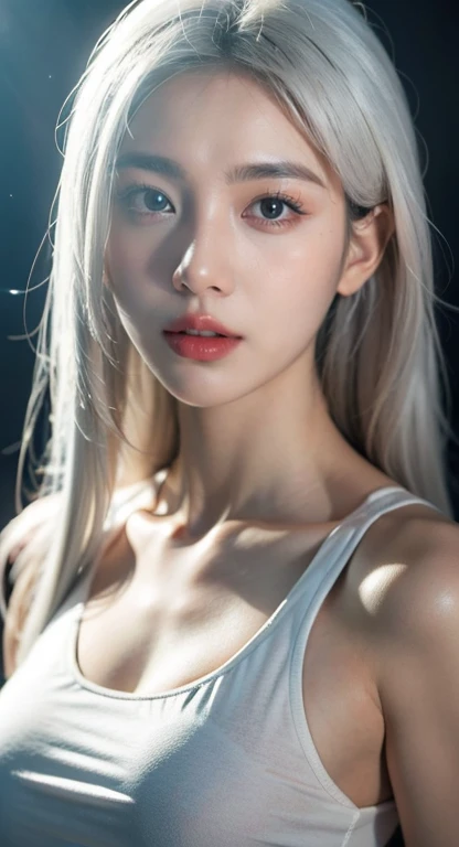 Asiatic Beautiful Girl: She is 18 years old, with long white hair, depicted in an oil painting style. She has a beautiful perfect face with soft skin and light white and red hues added. She has two small white streaks on her cheeks, white eyes, and a cute face. She is wearing a white crop top and a small white short, showcasing her very large chest, with white panties visible. The background is mysterious and magical, depicted in complex details and 8k resolution, creating a masterpiece. She is kneeling with her arms lowered, a slightly dejected expression on her face, one arm reaching out towards the camera, and her mouth open. The view is from a distance, emphasizing her submissive and ethereal appearance, with a halo floating above her head.