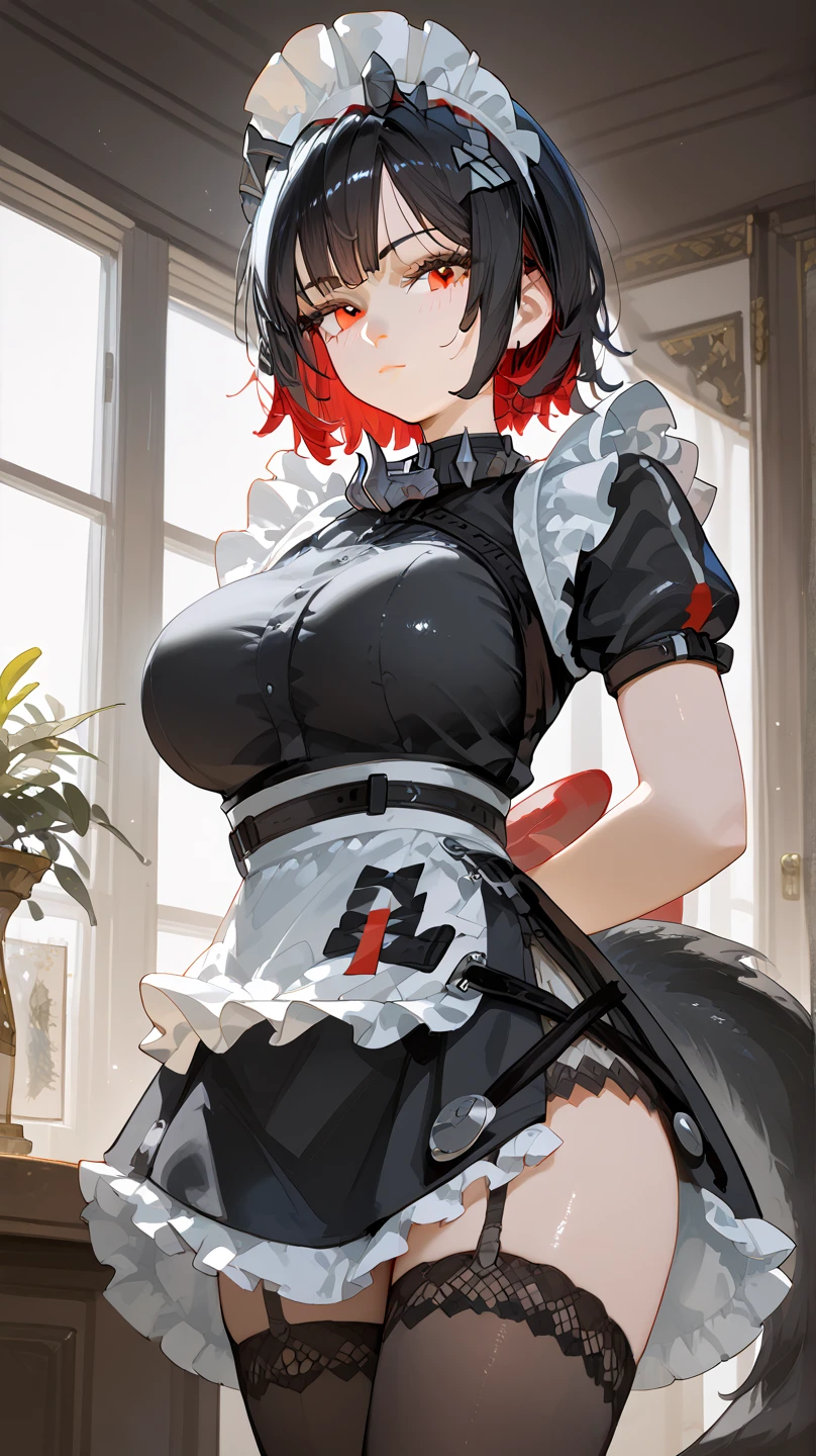 ellenjoe, ellen joe, black hair, colored inner hair, multicolored hair, (red eyes:1.3), red hair, short hair, two-tone hair, big breast,
BREAK bapron, black pantyhose, black shirt, black skirt, ear piercing, fins, fish tail, maid, maid apron, maid headdress, pantyhose, piercing, puffy short sleeves, puffy sleeves, shark girl, shark tail, shirt, short sleeves, skirt, tail, two-tone hair, wrist cuffs,
BREAK outdoors, city, sky, clouds, sun, park
BREAK looking at viewer, (cowboy shot:1.5),
BREAK (masterpiece:1.2), best quality, high resolution, unity 8k wallpaper, (illustration:0.8), (beautiful detailed eyes:1.6), extremely detailed face, perfect lighting, extremely detailed CG, (perfect hands, perfect anatomy),