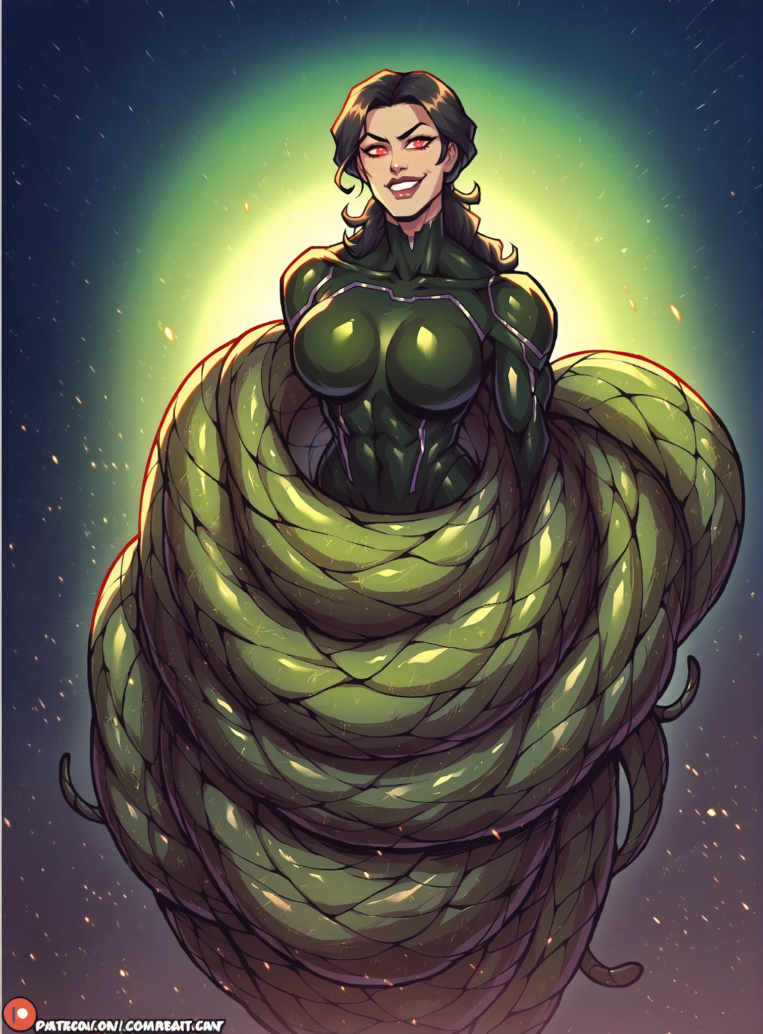 A Soviet military girl, tall, sexy, big chest, good, friendly, happy, long red hair, smooth, her brown eye, pink lip, she dresses in a green metallic top, a black patch, her chest, her waist, a yellow ribbon, and her pants, metallic green, big, thigh, sensual, big yellow boot, wearing a black Soviet winter cap. 