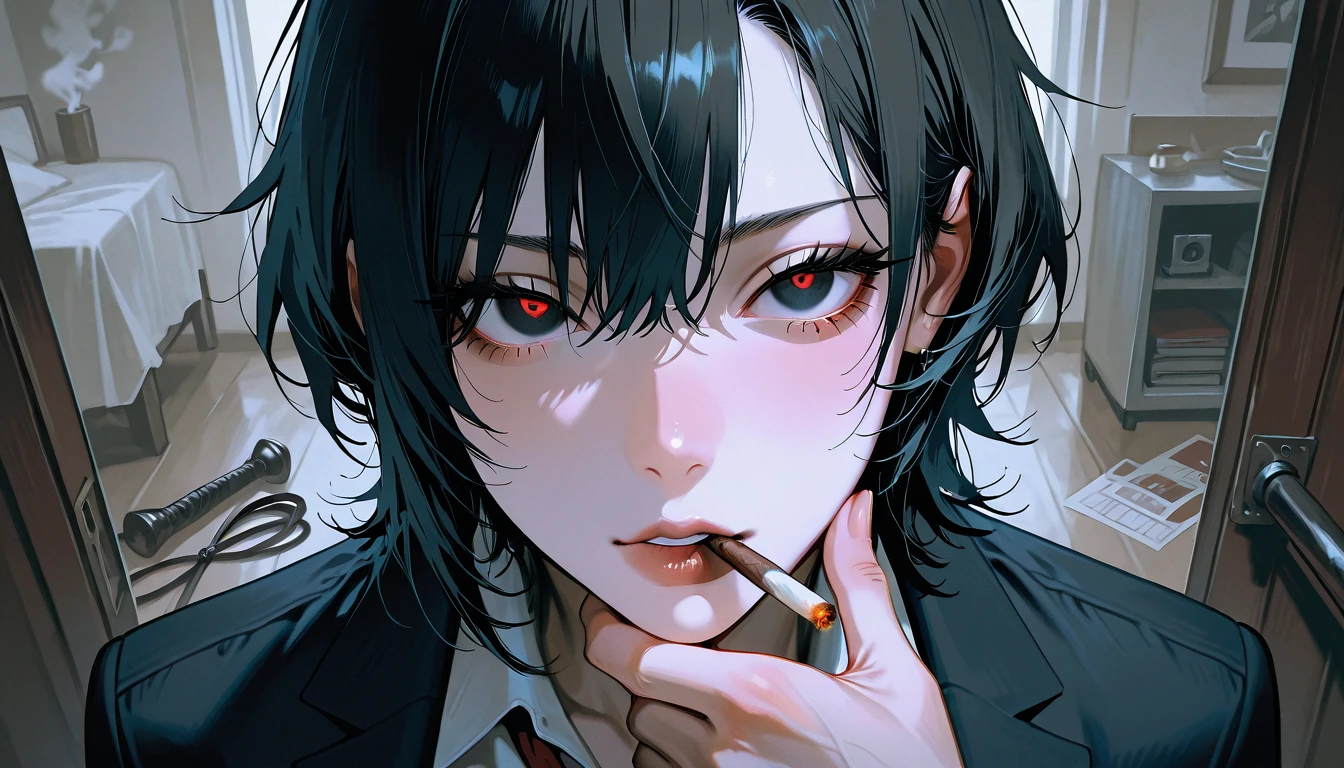 droopy eyes, tobacco, ((I have one hand on my chin))、((looking at camera))、pale tone、smoking, smoke, dark haired, ((staring at me))、loose fit, 24 year old, whip, messy hair, Details、hanging eyes , Triple Eye,, masterpiece, Ultra high resolution, anatomically accurate, Super Detailed, High Details, high quality, 最high quality, masterpiece, large trainer performing high kicks, from above