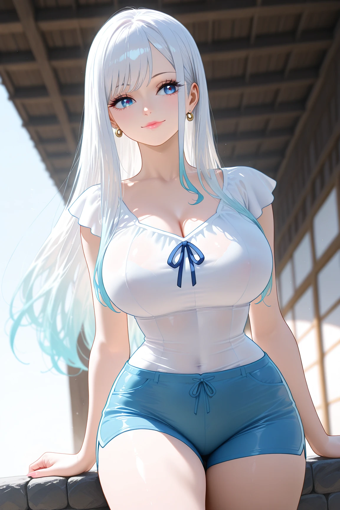 Brazilian best quality, long blue hair, ultra high res, (photorealistic: 1.4), 1girl, silver dress, white teeth, slightly open mouth, warm tone cinema light, (slightly turned body: 1.4) PureErosFace_V1, white tite, cowgirl, heavy eye makeup, erotic pose