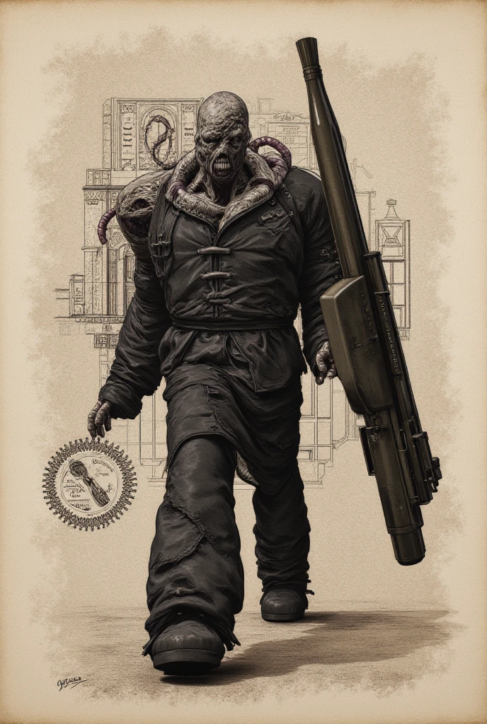 Painted on tea-stained parchment, A rough charcoal drawing depicts the Resident Evil Nemesis approaching, His biomechanical body is reinterpreted with art deco industrial schematic patterns. Precise ink lines define his tattered bomber jacket and pulsating muscles, While blurred charcoal textures create depth on his rusty cybernetic implants. The faded Umbrella Corporation laboratory blueprints merge with viral RNA diagrams appearing in the background, Rendered with aggressive cross-hatching. Coffee stains and simulated paper burns frame his distorted face, Where harsh chiaroscuro lighting highlights his hydraulic jaw mechanism and coiled tentacles. The hybrid style combines the precision of 1940s science illustration with apocalyptic decay, His massive rocket launcher dissolves into schematic fragments of a crumbling laboratory. --chaos 45 --ar 1:2 --personalize yruxpc2 --stylize 750 --v 6.1