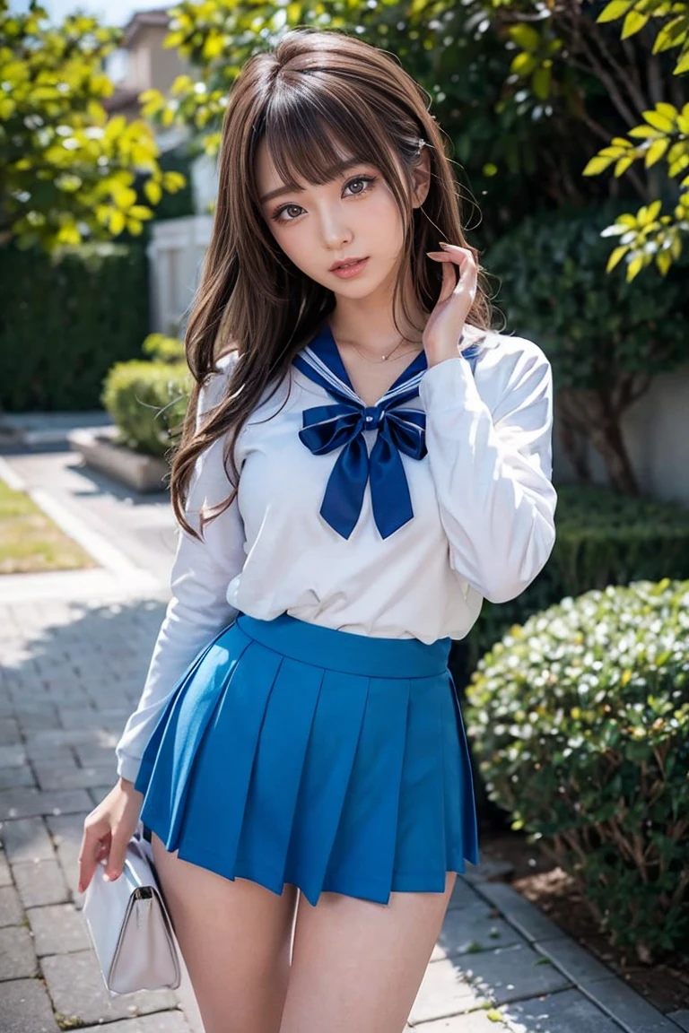 masterpiece, best quality, highres, mikuru1, 1girl, asahina mikuru, long hair, kita high school uniform, solo, blue sailor collar, sailor collar, serafuku, blue skirt, skirt, short sleeves, red ribbon, large breasts,