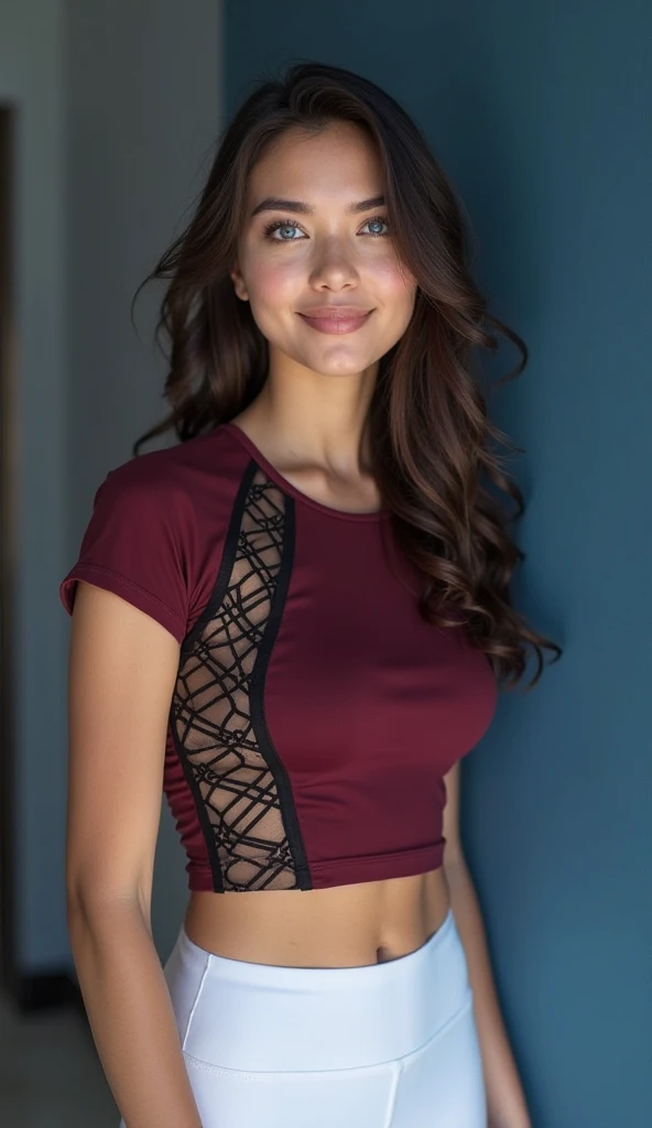 A closeup of a woman wearing a red shirt and jeans, usando um top cropped sexy, top cut, top cut, wearing top cut, manga larga cropped, wearing a cropped top, long sleeves, wearing a cropped tops, close-up of the upper body, wearing a top cut, half body cut, nude belly, exposed belly